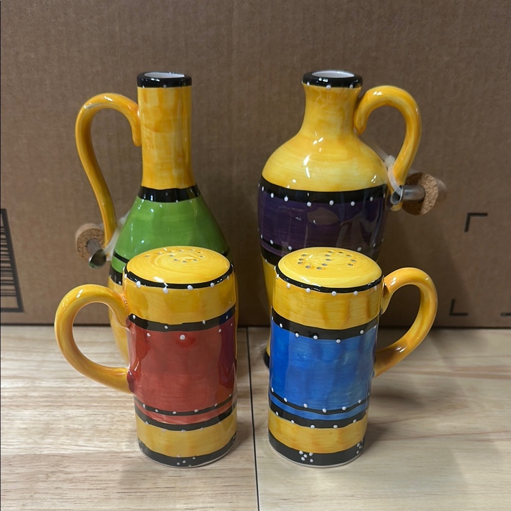 Tabletops Gallery Hand-Painted Ceramic Oil and Salt and Pepper shaker set